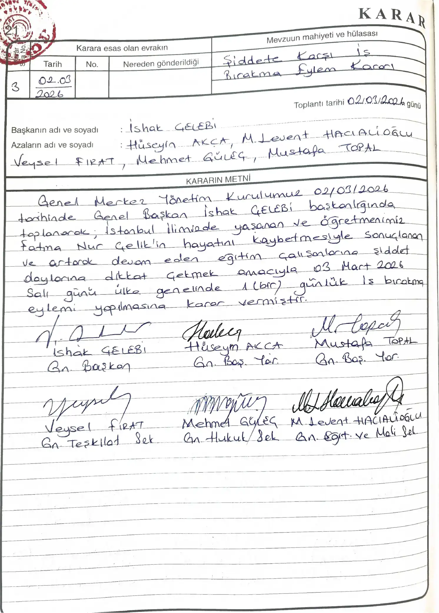 ŞİDDETE KARŞI 1 (BİR) GÜNLÜK EYLEM KARARI